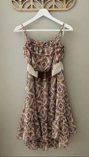 Vanity Floral Print Ruffle Dress Tan Sz Medium thumbnail 1