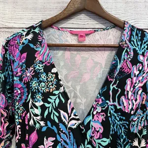 NWOT Lilly Pulitzer Multicolor Floral Wrap Romper - Pink, Blue, Teal! Size Large thumbnail 7