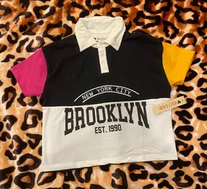 & Other Stories Brooklyn Colorblock Polo Crop Top Black/White with Pink & Yellow Sleeves Size M thumbnail 1