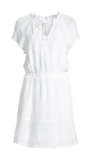 Cloth & Stone White Short Sleeve Ruffle Tie Neck Mini Dress Size M Rayon Linen‎ thumbnail 1