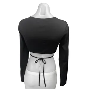 Superdown Womens Black Long Sleeve Deep V-Neck Stretch Tie Waist Crop Top Size S thumbnail 2