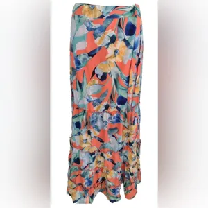 NWT Luxxel Floral Tropical Tiered Maxi Skirt Coral Blue Size Small thumbnail 2