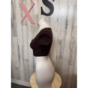 Brown Crop Top XS Square Neck Short Sleeve Fitted Stretch Basic Brown thumbnail 3