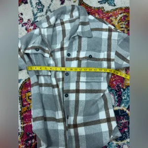 Plaid flannel shacket button down Tan thumbnail 3
