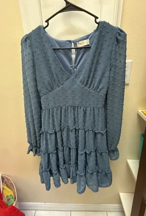 Altar'd State Blue Swiss Dot Long Sleeve Tiered Mini Dress thumbnail 1