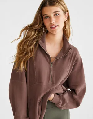 Aeropostale Brown Quarter Zip Ribbed Mock-Neck Pullover Sweatshirt Small thumbnail 1