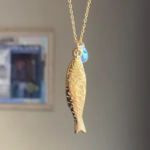 Handmade gold tone fully gold tone stainless steel fish boho funky chic necklace🌀🐟 thumbnail 2