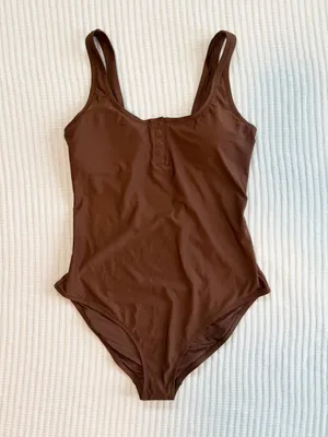 aerie Henley Full Coverage One Piece Swimsuit in Chocolate Brown NWT thumbnail 4