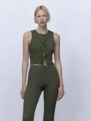 Zara Sleeveless Ribbed Tie Front Knit Top Shirt Dark Green Womens Size Small thumbnail 3