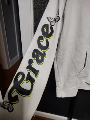 Grace Upon Grace Gray Hoodie with Neon Green Checker & Butterfly Graphic thumbnail 6