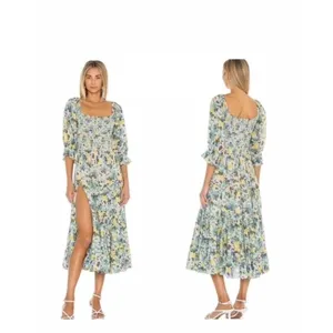 LoveShackFancy Capri Midi Dress- Size L Blue‎ Multi 3/4 Sleeves Smocked Waist thumbnail 3