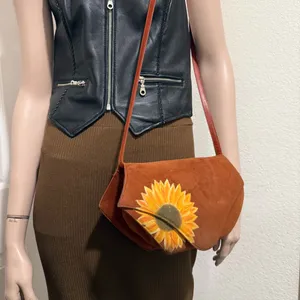 Vintage CHARLES JOURDAN Brown Suede Leather Hand-painted Sunflower Crossbody Bag thumbnail 2