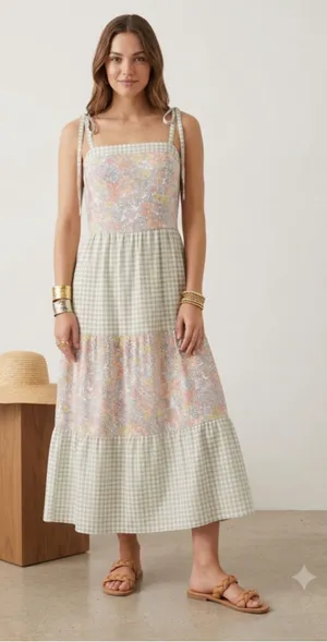 Abby & Evie Floral Gingham Tiered Maxi Dress Medium Cottagecore Summer Tie Strap thumbnail 1