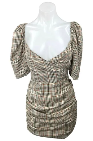 NEW Missguided Brown Checkered Plaid Puff Sleeve Ruched Mini Bodycon Dress Sz 4 thumbnail 1