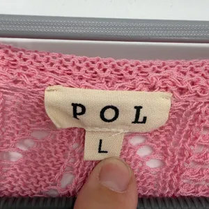 POL Pink Open Knit Cropped Oversized‎ Sweater Balloon Sleeve Crochet Pullover L thumbnail 4