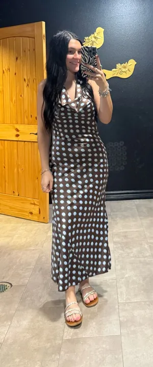 Brown silk dress with blue polka dots thumbnail 1