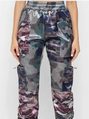 Maniere De Voir Patchwork Camo Print Cargo Drawstring Satin Jogger’s Women’s thumbnail 2