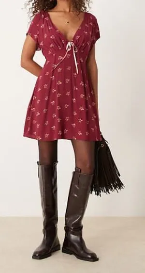 Free People Women Size Large Floral Boho Tie-Detail Mini Tea Dress Earth‎ Red thumbnail 1