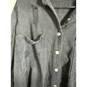 POL Washed Black‎ Distressed Denim Shacket Star Patch Frayed Hem SMT1165D Size M thumbnail 4