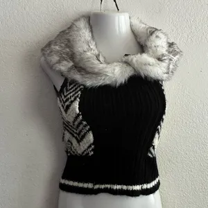 Guess Black & White Women's Faux-Fur Collar Jacket Vest S thumbnail 2