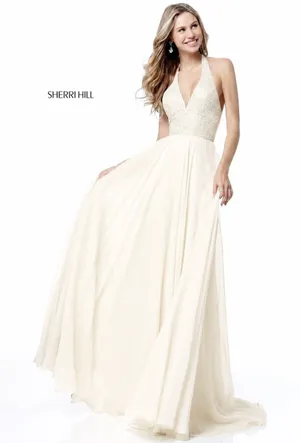 Sherri Hill 51640‎ Ivory Sequin Halter Chiffon Gown Size 8 NWT Retail $480 thumbnail 1