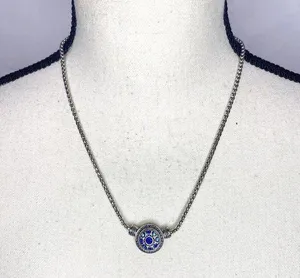 Silver Necklace Blue Crystal Round Decorative Pendant 18” Adjusts thumbnail 1