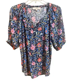 LOFT Floral Blouse Womens Medium Navy Blue‎ Pink Excellent Ruffle Sleeve Top thumbnail 1