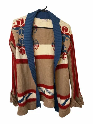 Vtg Sears Contemporary Corner Open-Front Shawl Cardigan Sweater Tan Red thumbnail 1