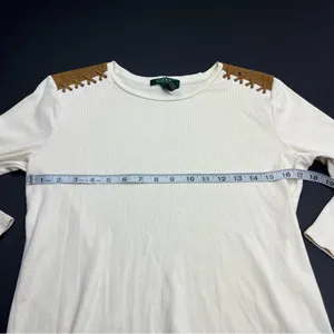 Lauren Ralph‎ Lauren Ribbed Top Cream Brown Faux Suede Patch Medium Western FLAW thumbnail 6