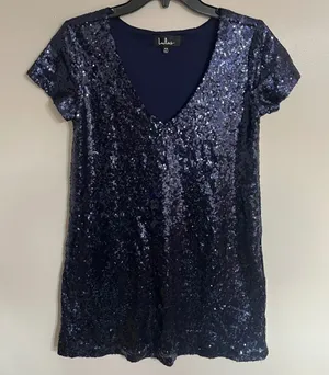 Lulus Navy Blue Sequin Shift Dress Womens XS V-Neck Short‎ Sleeve Mini Cocktail thumbnail 1