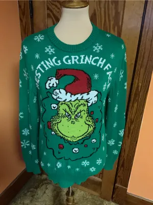 The Grinch Resting Grinch Face Christmas Ugly Sweater Green Medium Dr Seuss thumbnail 7