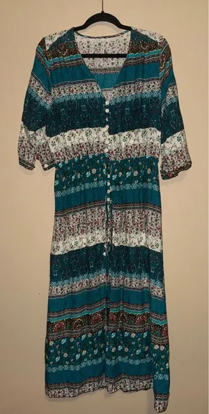 Womens Teal‎ Floral Patchwork Boho Button Front Maxi Dress XXL Drawstring Artsy Blue thumbnail 1