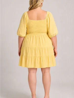 Women’s Plus Size 2X Yellow Square Neck Puff Sleeve Tiered Midi Dress thumbnail 6