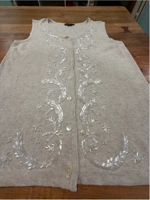 Theo Miles Vintage Beaded Sweater Vest Missy Medium Linen Blend Oatmeal Boho Cre thumbnail 7