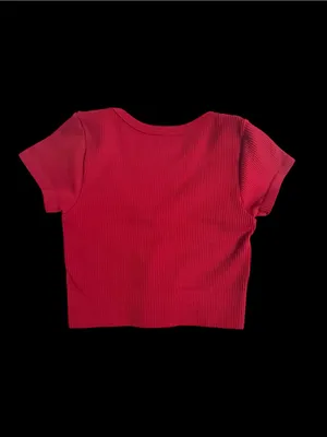 Garage Red Ribbed V-Neck Short Sleeve Crop Top thumbnail 2