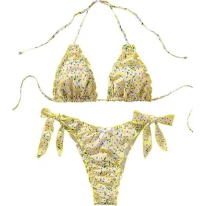 Yellow Womens Floral Bikini Set with Ruffle Details size Large thumbnail 1