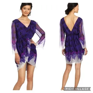 Aryn K Purple Silk Dress Size M 100% Silk Print‎ V-Neck Elastic Waist Fairycore thumbnail 2