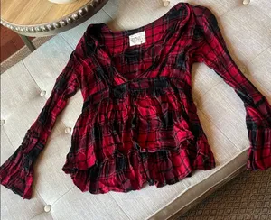 Thread & Supply Red Black Plaid Peplum LS Blouse Size Small thumbnail 1