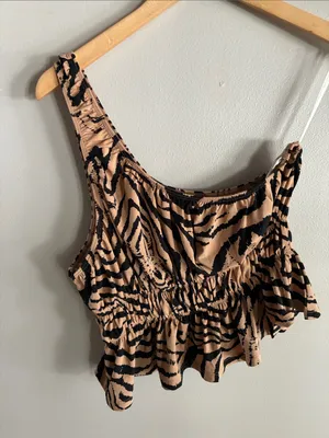 Zebra Print Ruched Peplum Tank Top Ruffle Stretch Tan Black Size Small thumbnail 4