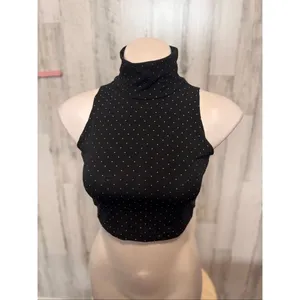 Goodtime USA Black Gold Polka Dot Turtleneck Crop Top Womens Large Sleeveless thumbnail 6