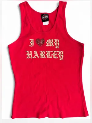 Harley Davidson Red Ribbed sleeveless tank top XL Y2K Rhinestone Heart Biker thumbnail 1