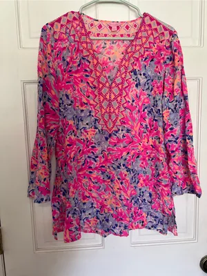 Lilly Pulitzer Hot Pink, Lavender & Coral Floral V-Neck Tunic thumbnail 1