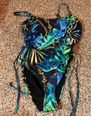 Tropical One Piece Swimsuit Chain Detail Ruched Tie Side Bathing Suit‎ L thumbnail 1