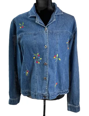 Asaro Collection Women L Denim Jacket Blue Embroidered Floral Fruit Button Front thumbnail 1
