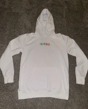 Gymshark Embroidered Logo Pullover Hoodie in White with Multicolored Text thumbnail 1