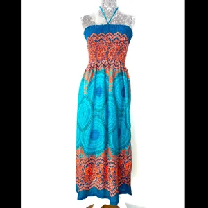 Womens Bali Smocked Lightweight Halter Midi Resort Vacation Casual Dress OS thumbnail 2