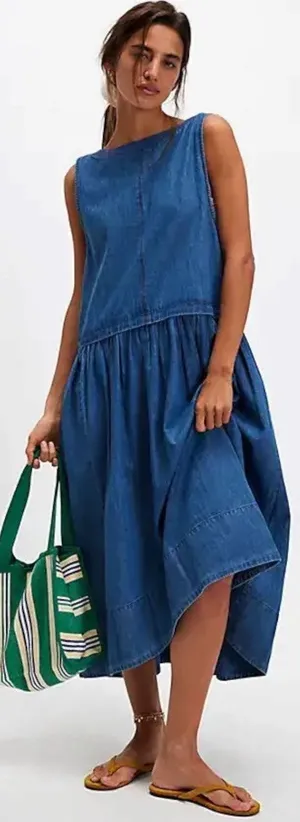 Free People XL Retro 90s Soraya Light Denim Sky Drop Waist Midi Jumper Dress thumbnail 1