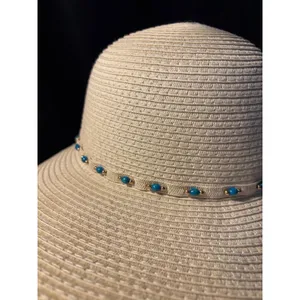 Woven Paper Straw Sun Hat Turquoise Bead Accent Split‎ Back Wide Brim Tan OSFM thumbnail 3