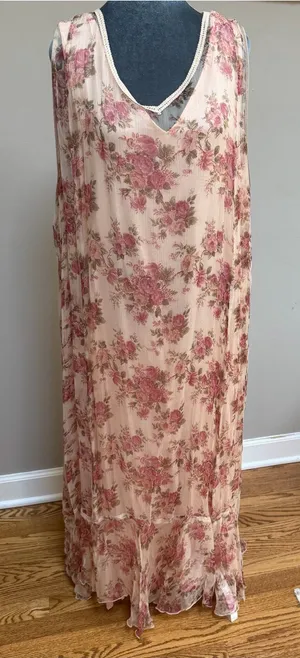 Vintage April Too! April Cornell ruffled floral flowy maxi sleeveless slip dress thumbnail 1
