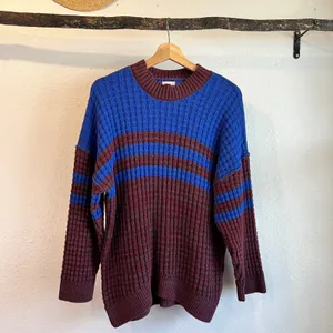 BDG Max Waffle Blue Burgundy Chunky Oversized Knit Sweater Size XS thumbnail 2